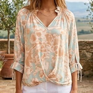 Sofia Made in Italy Ruffle Neck Tie-Dye Blouse – Earthy Tones